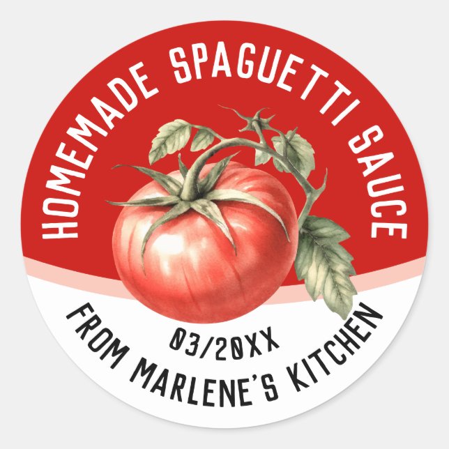 Editable homemade spaguetti sauce iwith red tomato classic round sticker (Front)