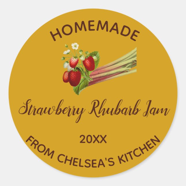 Editable Homemade Strawberry Rhubarb Jam Classic Round Sticker (Front)