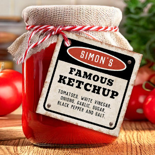Editable homemade tomato ketchup with rusty sign favour tags