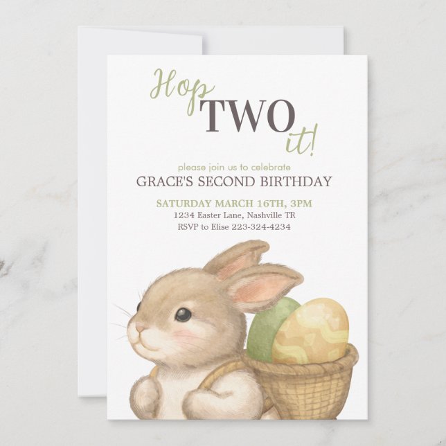 Editable Hop Two It Easter 2nd Birthday Bunny Invitation (Front)