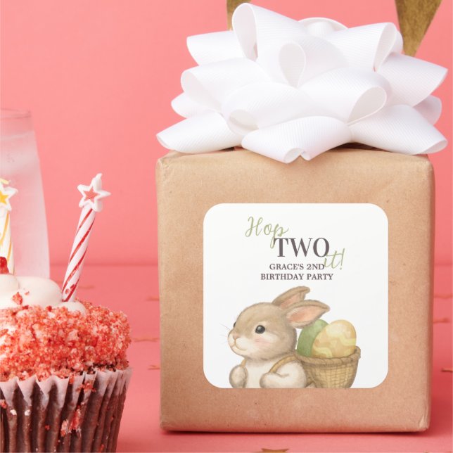 Editable Hop Two It Easter 2nd Birthday Bunny Square Sticker (Party)