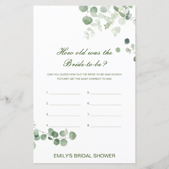 Editable How old was Bride Bridal Shower Game (Front)