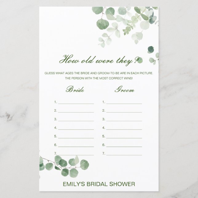 Editable How old were they? Bridal Shower Game (Front)