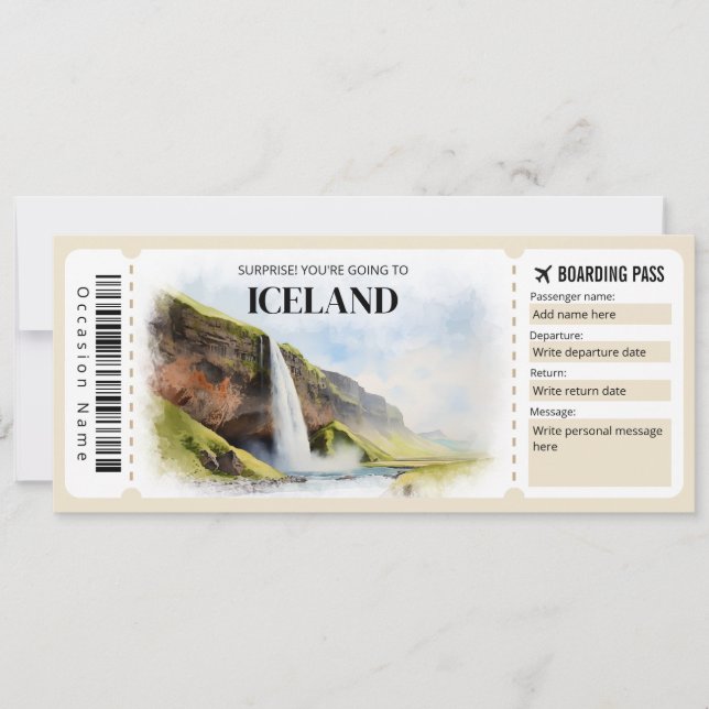 Editable Iceland Boarding Pass Plane ticket Invitation (Front)