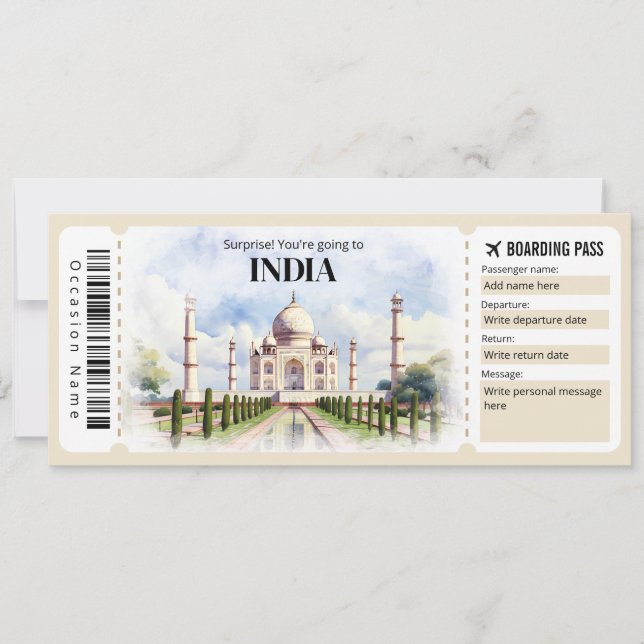 Editable India Boarding Pass Plane ticket Invitation (Front)