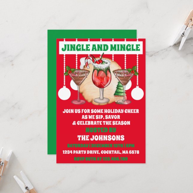 Editable Jingle & Mingle Christmas Cocktail Party Invitation (Front/Back In Situ)
