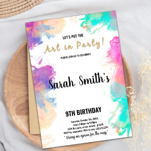 Editable Kids Art Party Card with Splash Design