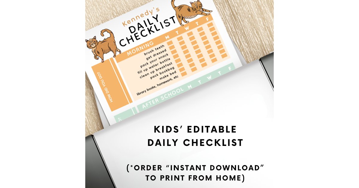 Editable Kids Daily Task Chore Checklist Printable Poster | Zazzle