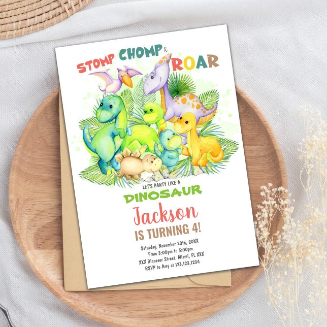 Editable Kids Party Card with T-Rex & Jungle Theme (Green Dinosaur Birthday Invitations)