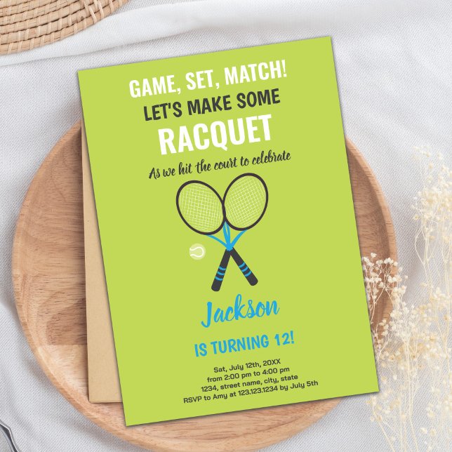Editable Kids Sports Party Card with Racket & Ball (Green Tennis Birthday Invitations)