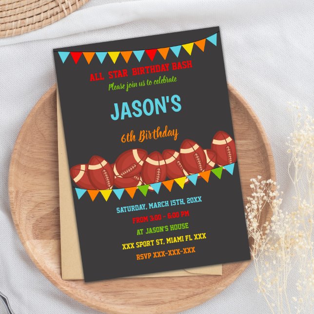 Editable Kids Sports Party Invite (Colors Flags Football Birthday Invitations)