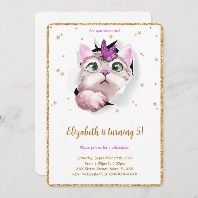 Editable Kitten Birthday Invitation (Front/Back)