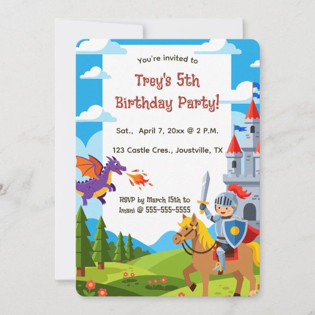 Editable Knight Castle Dragon Birthday Invitation (Front)