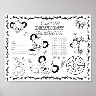 Editable koala birthday colouring mat poster