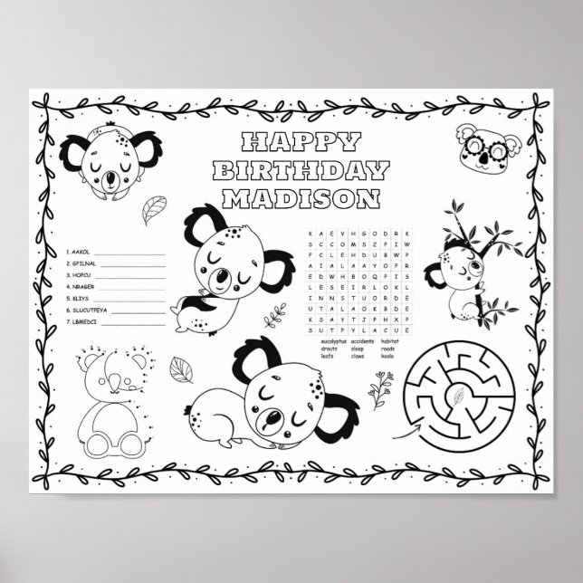 Editable koala birthday colouring mat  poster (Front)