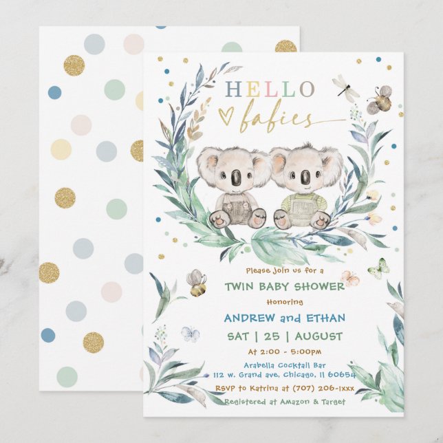 Editable Koala Twin Boy Shower Invitation (Front/Back)