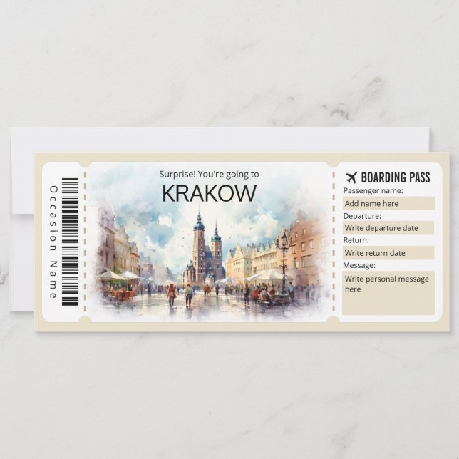 Editable Krakow Plane ticket Poland Boarding Pass Invitation (Front)