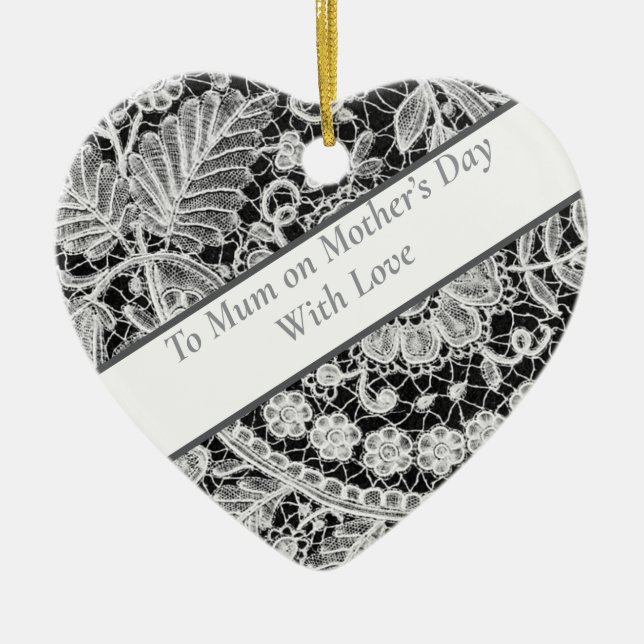 Editable Lace Mother’s Day Heart Ceramic Ornament (Front)