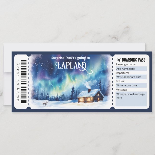 Editable Lapland Plane ticket, Lapland Trip Invitation (Front)