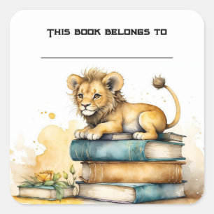 Editable Lion and Books Bookplate Sticker