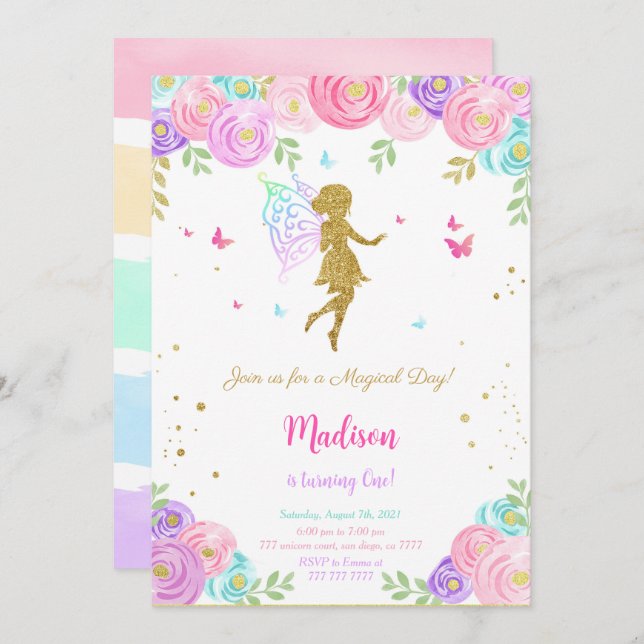 Editable Little Fairy Birthday Party  Invitation (Front/Back)