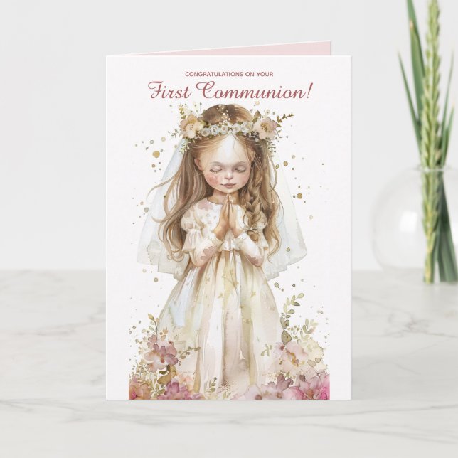 Editable Little Girl Praying First Communion Card (Front)