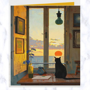 Editable Lonely Cat Watching a Sunset Card