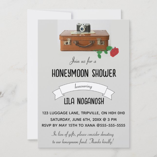 Editable Luggage  Camera and Rose Honeymoon Shower Invitation (Front)
