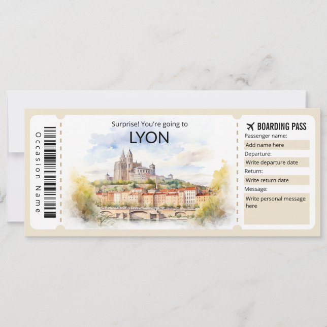 Editable Lyon Plane ticket, Lyon Trip Invitation (Front)