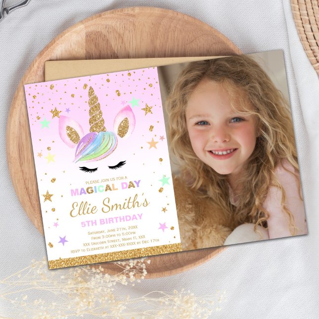 Editable Magical Kids Party Card (Glitter Golden Unicorn Invitations with photo)
