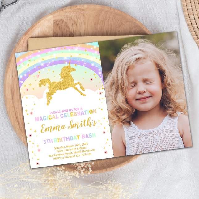 Editable Magical Party Card (Gold Glitter Rainbow Unicorn Invitations Photo)