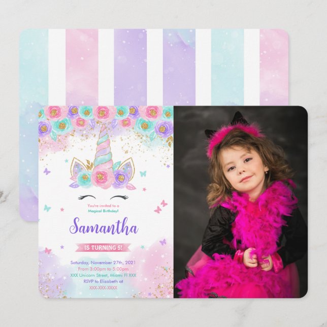Editable Magical Unicorn Photo Invitation  (Front/Back)