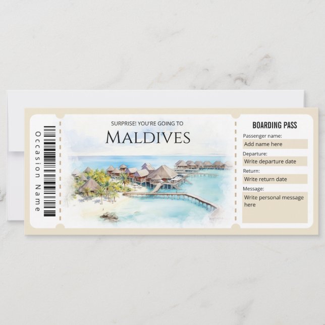 Editable Maldives Plane Boarding Pass Ticket Invitation (Front)