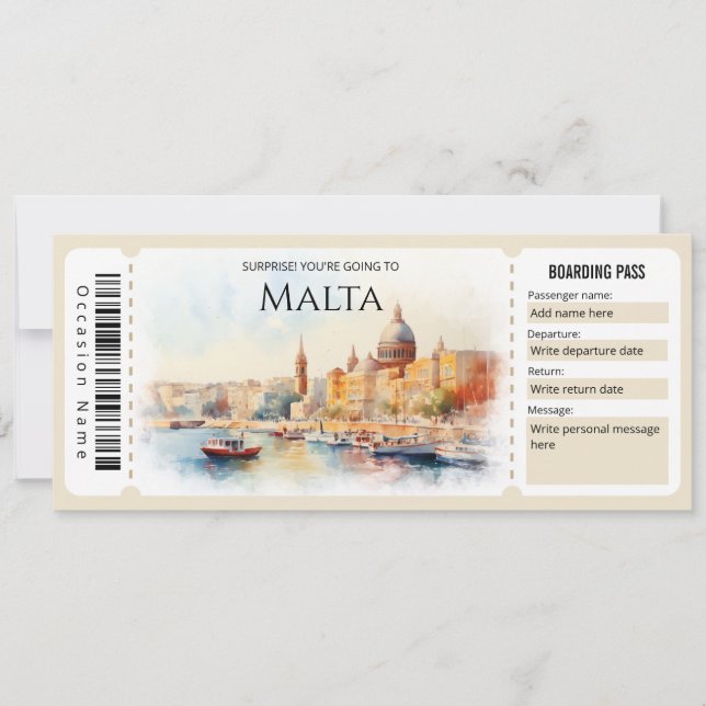 Editable Malta Plane Boarding Pass Ticket Invitation (Front)