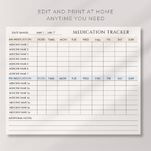 Editable Medication Tracker Printable Downloadable Poster