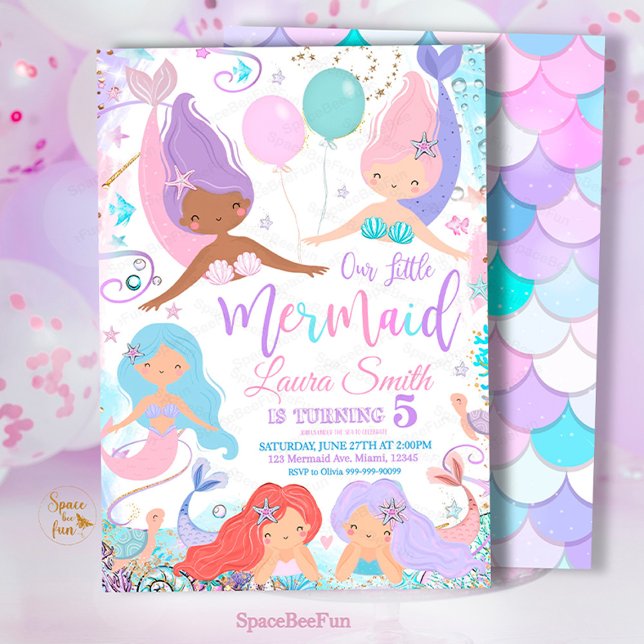 Editable Mermaid Birthday Party Invitation Under  (Mermaid,Birthday Party,Invitation mermaid,Sea Mermaid,Party invite,Under The Sea,Pool Magical party,)