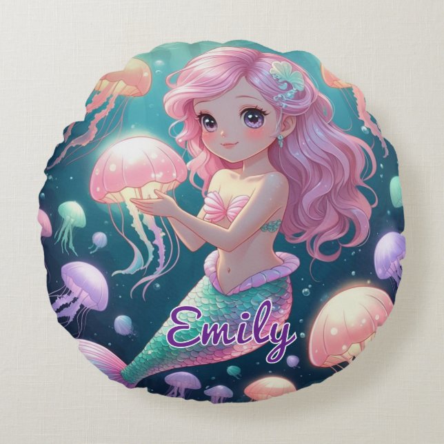 Editable Mermaid & Jellyfish Round Pillow (Front)