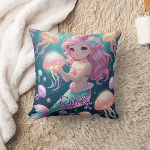 Editable Mermaid & Jellyfish Square Pillow