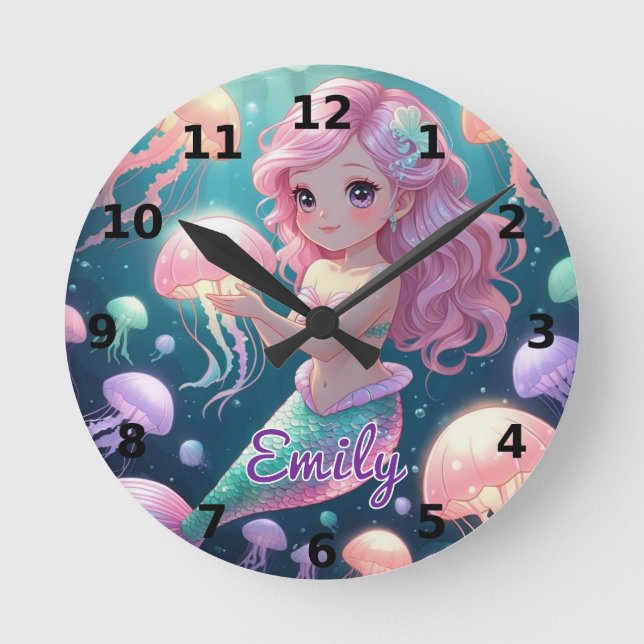 Editable Mermaid & Jellyfish Wall Clock (Front)