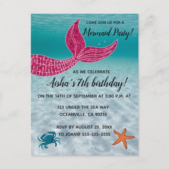 Editable Mermaid Tail in the Ocean Birthday  Invitation Postcard (Front)