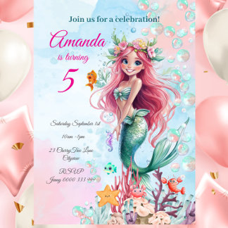 Editable Mermaid Under The Sea Birthday Invitation