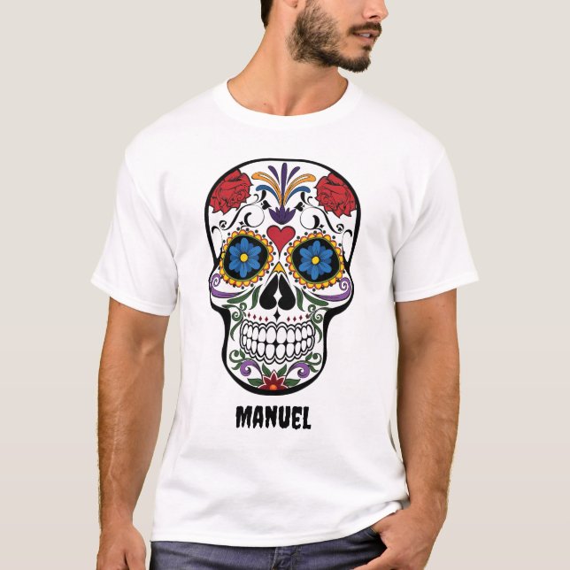 Editable Mexican Day of the Dead Skull and Name T-Shirt (Front)
