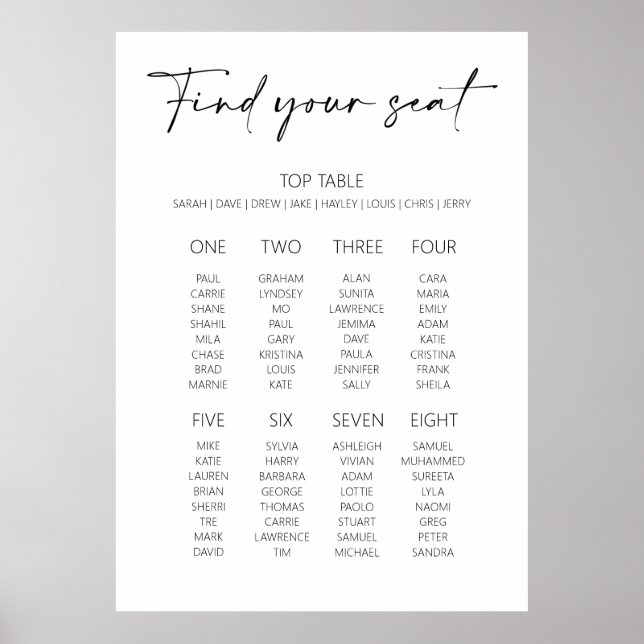 Editable Minimal Style Wedding Seating Plan Poster (Front)