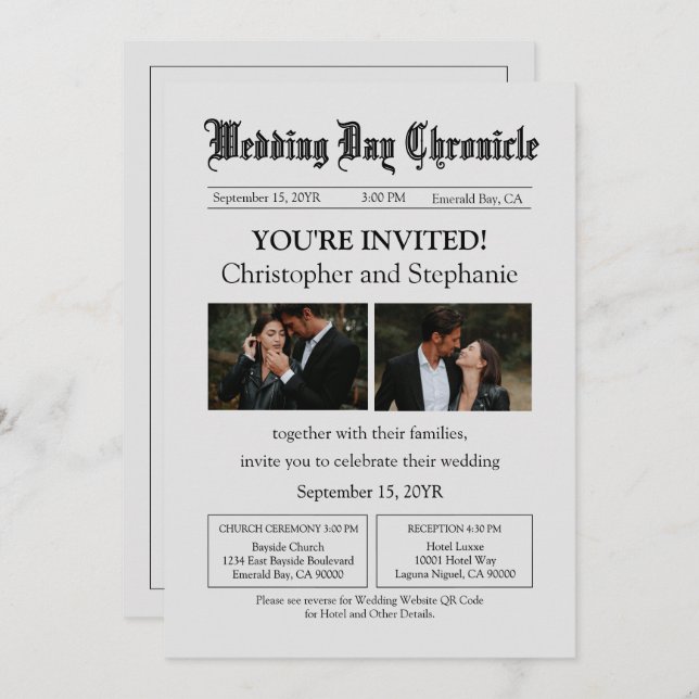 Editable Minimalist Newspaper Two Photos QR Code Invitation (Front/Back)