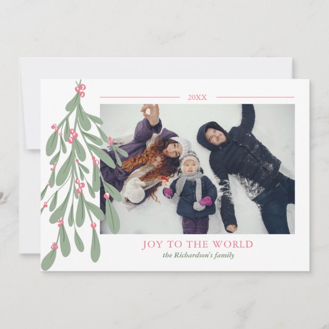 Editable mistletoe Joy script Christmas photo Holiday Card (Front)
