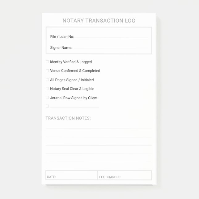 Editable Mobile Notary Closing Checklist 4x6 Post-it Notes (Front)