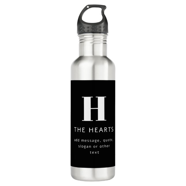 Editable Modern Monogram Name & Message | Black 710 Ml Water Bottle (Front)