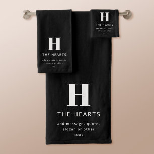 Editable Modern Monogram Name & Message Black Bath Towel Set