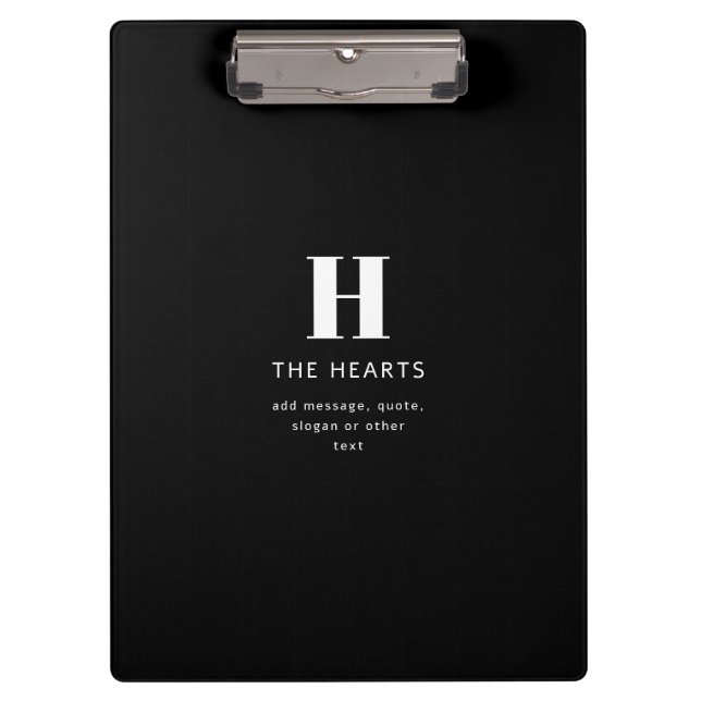 Editable Modern Monogram Name & Message | Black Clipboard (Front)