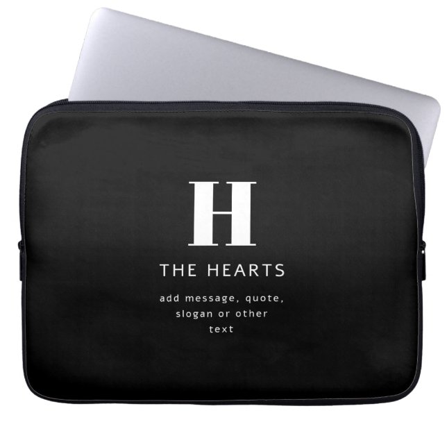 Editable Modern Monogram Name & Message | Black Laptop Sleeve (Front)